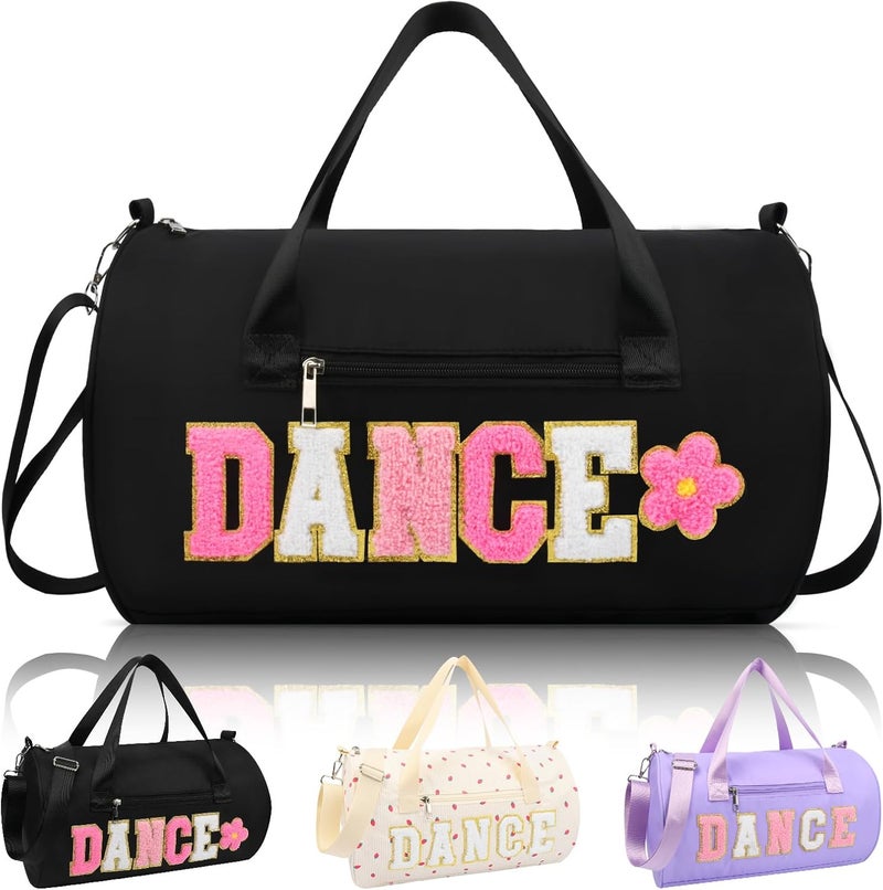 KUIRAN Store Dance Bag for Girls, 23L Waterproof Travel Duffel Bag with Colorful Chenille Letter, Lightweight Small Gym Sport Ballet Weekender Bag with Large Main Compartment - Black/White/Pink - Image 1